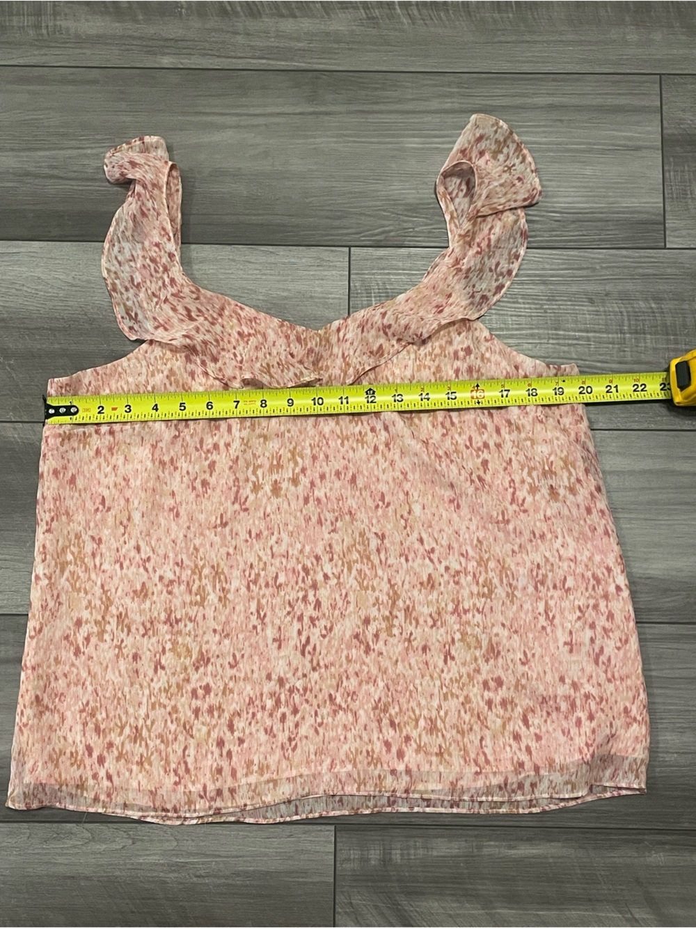Women’s Ruffle Strap Pink Patterned Shell Tank Top - Picture 5 of 6